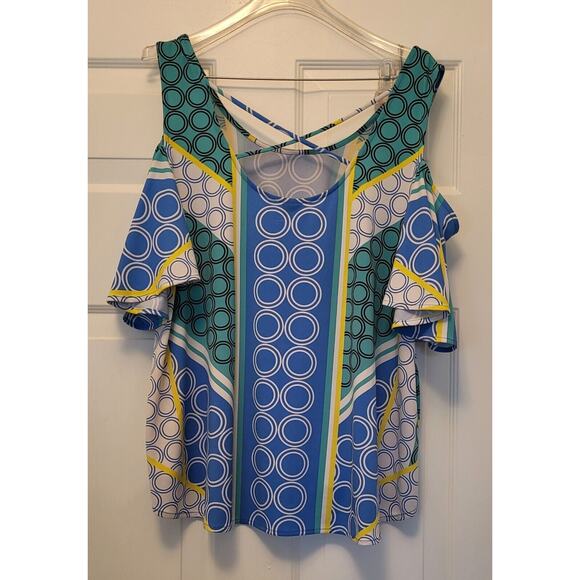 Kaari Blue Cold Shoulder Colorful Geometric Top Blouse Tunic Size XL - Picture 2 of 10